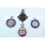 Three 1920s / 1930s silver and enamel cricket fob medals, West London Postal, South London, and