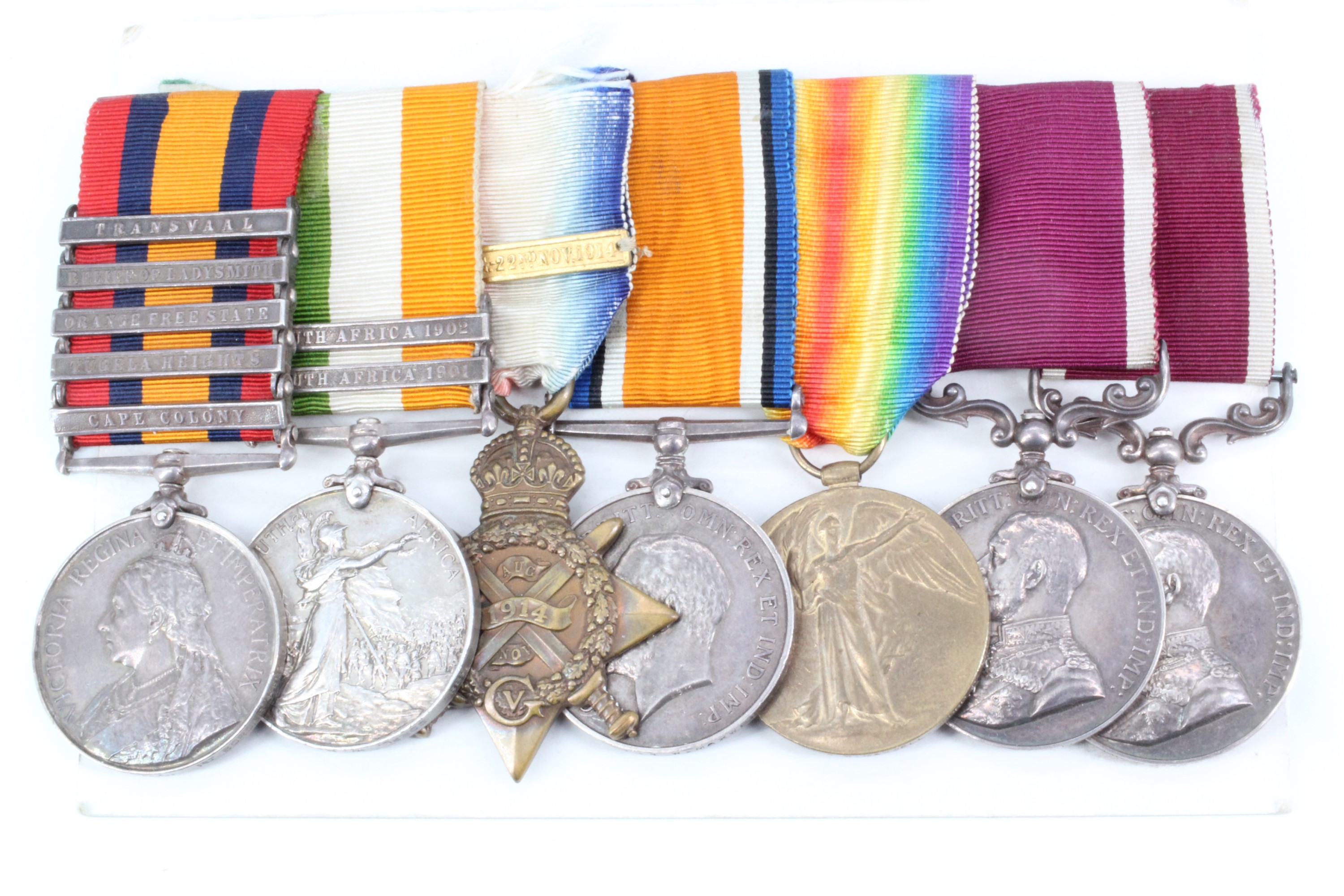 A Boer War and Great War medal group comprising Queen's South Africa Medal with five clasps, King'