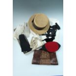 Vintage costume and accessories including a gentleman's dress shirt with collars, waistcoat,