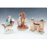 Three 19th Century Staffordshire flatbacks, comprising a boy wearing a Tam o' Shanter riding a goat,