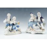 Two East German Unterweissbach Rococo influenced figure groups of lovers, decorated in blue