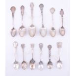 10 silver souvenir teaspoons, early-to-mid 20th Century, together with two white metal teaspoons