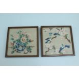 A pair of period small framed textile embroideries, respectively of tits amongst blossoming