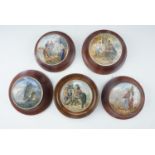 Five Victorian Pratt ware pot lids in frames, comprising two "Garibaldi", "Battle of the Nile", "The