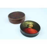 A mid 19th Century circular papier mache table snuff box, bearing a polychrome image of Beatrice