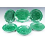 Five Victorian Wedgwood majolica glazed sunflower pattern plates, together with a Wedgwood ivy