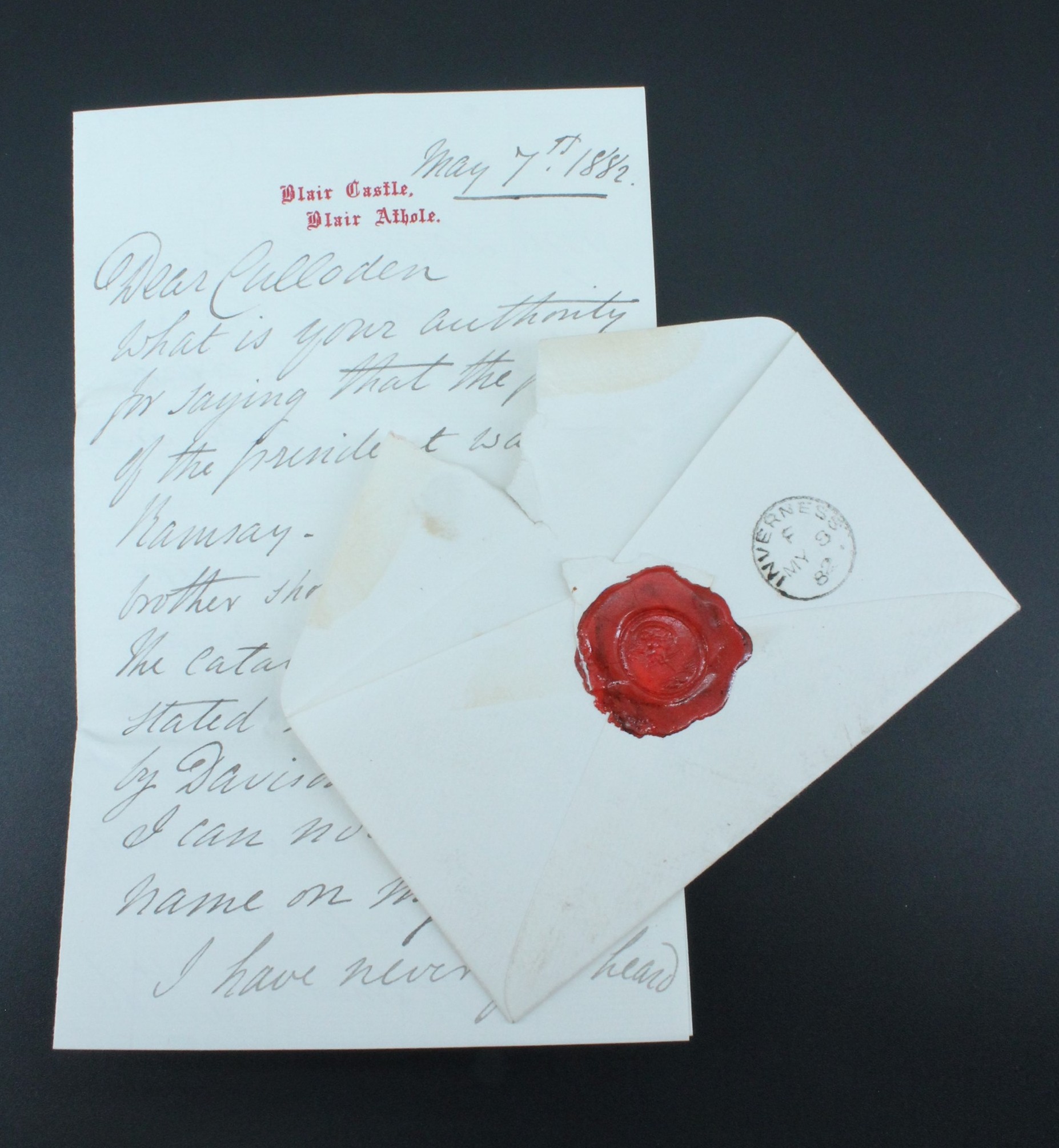 An envelope bearing the seal of the Jacobite General Lord George Murray (1694 - 1760), the cover and