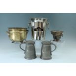 A "Pommery" chrome plated champagne bucket, together with two Rand pewter tankards, an