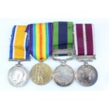 A Great War campaign and long service medal group comprising British War and Victory Medals, India