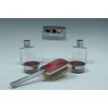 A chromium plated glass and celluloid dressing table set, circa 1930s