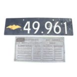 A British army Centurion tank cast alloy inspection record plate, 28 cm x 14 cm, together with a