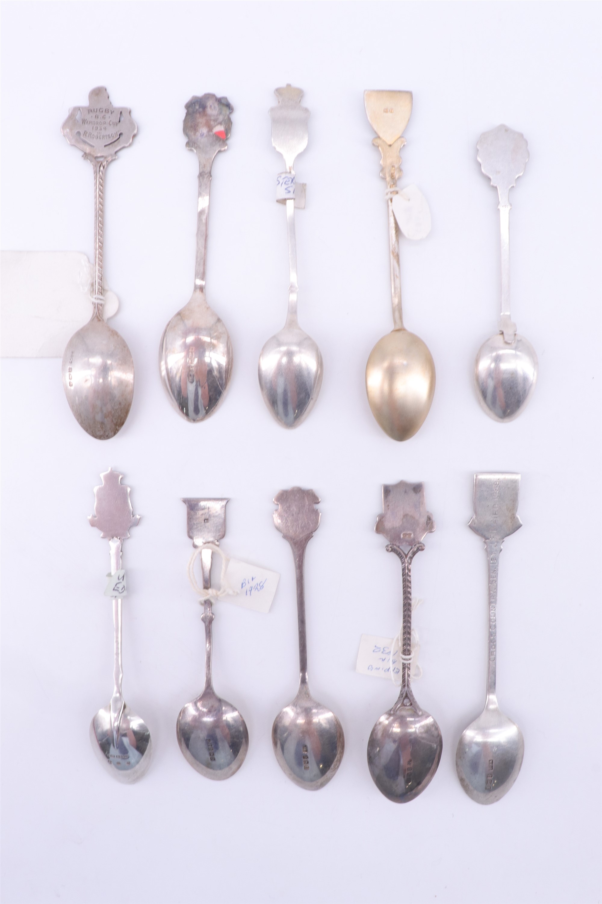 Eight enamelled silver souvenir teaspoons, relating to rugby, cross country running etc, together - Image 2 of 2