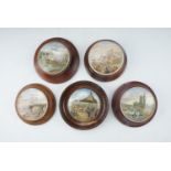Five Victorian Pratt ware pot lids in frames, comprising "Thames Embankment", "Sandringham", "