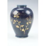 An early 20th Century miniature Japanese cobalt blue shouldered vase, having applied gilt