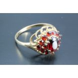 A garnet and 9 ct gold cluster ring, comprising a central oval garnet (6.5 x 5 mm) transverse set
