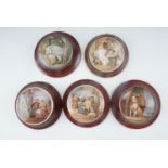 Five Victorian Pratt ware pot lids in frames, comprising "The Rivals", "That no Jealous Rival
