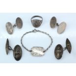 An early 20th Century child's Sterling white metal identity bracelet, a pair of silver cufflinks,