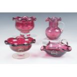 Four Royal Scot cranberry glass bowls and jug