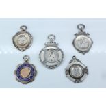 Four early 20th Century vacant silver fob medals, comprising wrestling and coits, (by Fattorini,