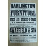 A printed 1913 auction notice advertising a sale by Swaffield & Son of "Stock and Utensils-in-
