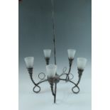 A contemporary John Lewis Contess Camelot five branch pendant ceiling light, having frosted