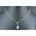 An Italian aquamarine, pearl and yellow metal pendant necklace, comprising a cushion cut