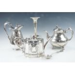 Two early 20th Century electroplate teapots and a jug, together with a later berry spoon and a