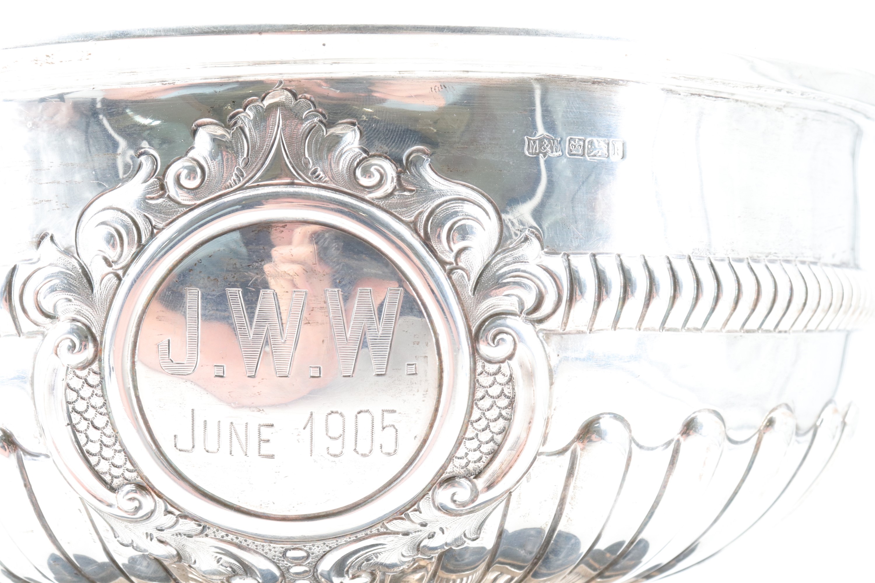 An Edwardian silver punch bowl, decorated with pronounced gadrooning and a ribbed band at its waist, - Image 2 of 8