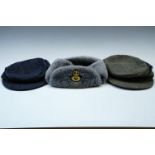 A post-War RAF officer's cold weather cap, two German military einheitzfeldmutzen and a pair of