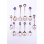 9 early 20th Century enamelled silver souvenir teaspoons, relating to bowls / bowling clubs