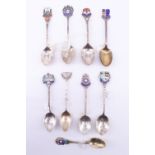 9 silver and enamelled silver souvenir teaspoons, relating to the South West including Bognor Regis,