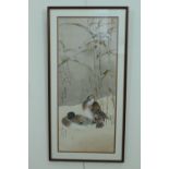 A Chinese watercolour painting on fabric of a pair of ducks resting under bamboo, in double card