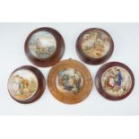 Four Victorian Pratt ware pot lids in frames, comprising "Len a Bite", "Hide and Seek", "The