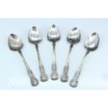 Five Scottish Silver Queen's pattern teaspoons, R L Christie, Edinburgh, 1857, 72 g, 14 cm, (two a/