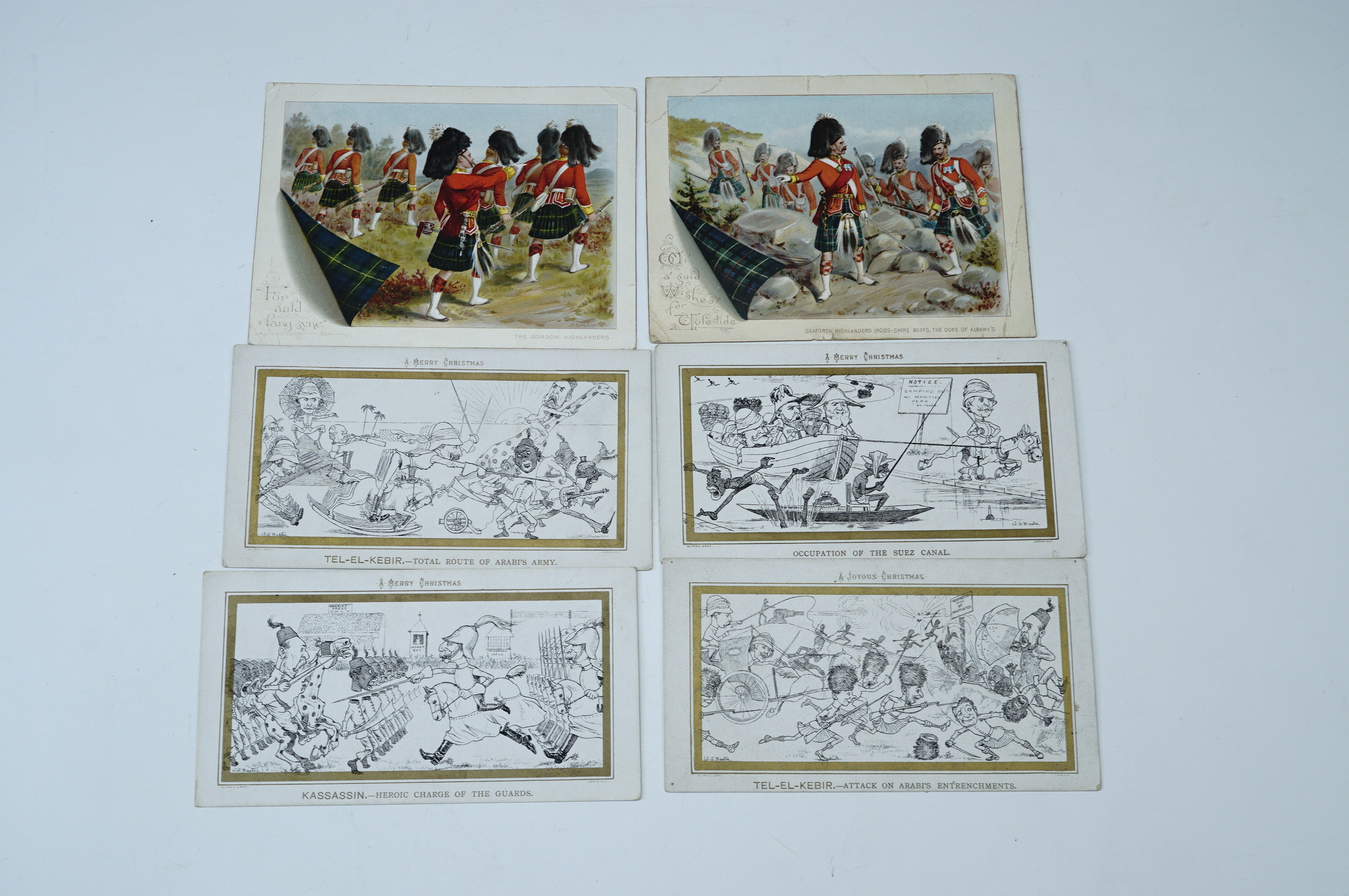 Four humorous postcards pertaining to the Anglo-Egyptian War of 1882, after cartoons by W G Baxter