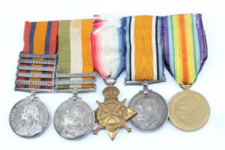A Boer War and Great War campaign medal group comprising Queen's South Africa Medal with five