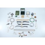Sundry items of costume jewellery and watches including a Scottish Art Pewter openwork brooch and