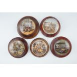 Five Victorian Pratt ware pot lids in frames, comprising "The Room in which Shakespeare was