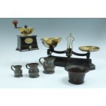 A group of kitchenalia including Victorian Kenrick coffee mill, an apothecary's or spice mortar,