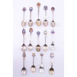 14 silver and enamelled silver souvenir teaspoons, relating to the South East including Ipswich,