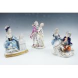 Three East German Unterweissbach Rococo influenced figurine groups, lovers dancing, putting on a