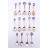 9 silver and enamelled silver souvenir teaspoons, relating to the South West including Bath, Bristol