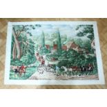 A large printed heavy cotton panel depicting a hunting scene reproduced from an engraving by D