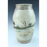 A Taisho Japanese earthenware vase decorated in a naturalistic depiction of whimsical frogs in