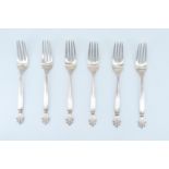 Six Georg Jensen "Acanthus Lemon" table forks, marked "Georg Jensen" and "925.S", import marks