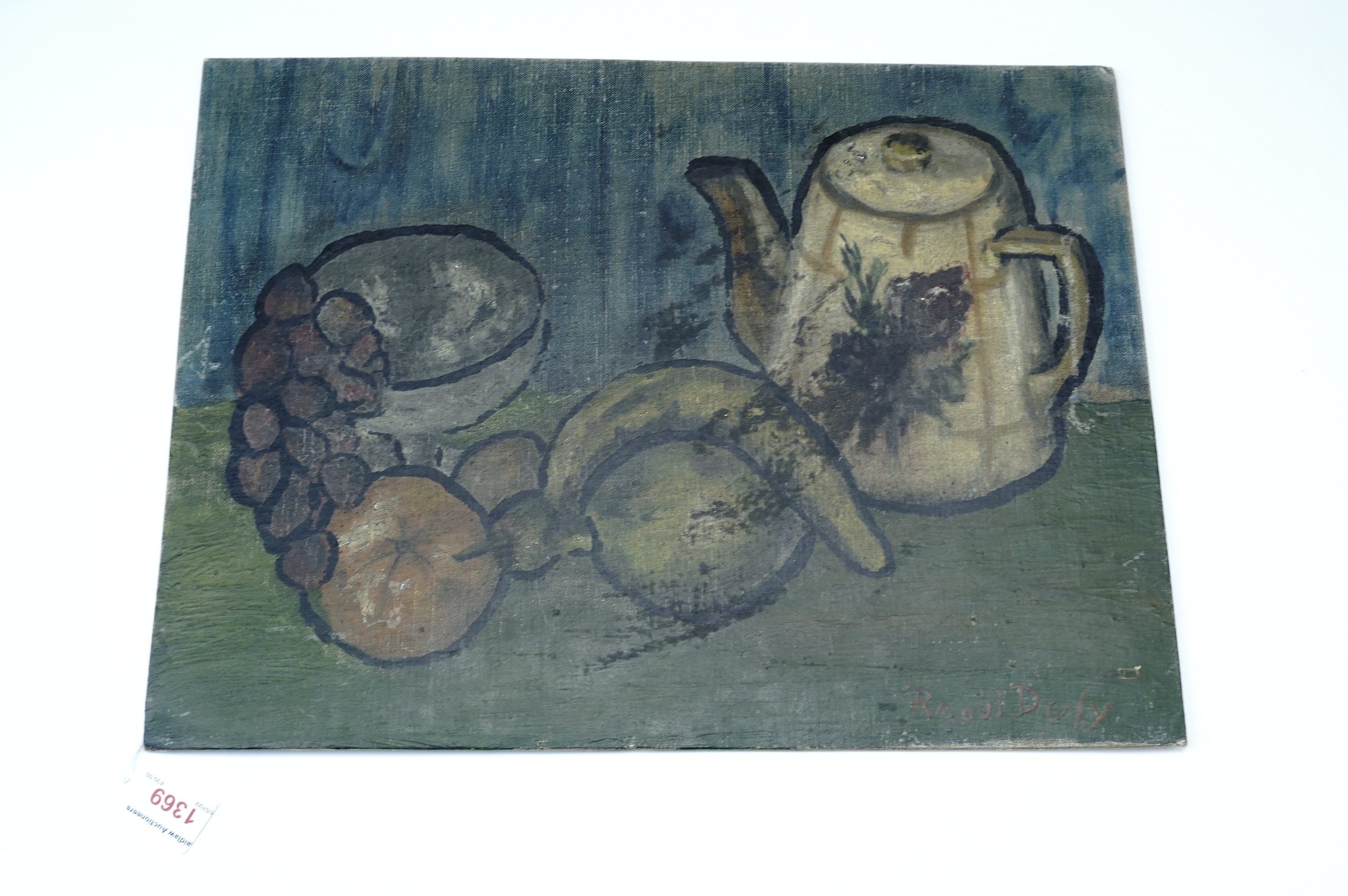 After Raoul Dufy, a still life of fruit with a teapot, oil on canvas laid on board, unframed,