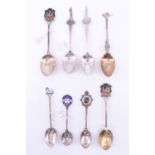 8 silver and enamelled silver teaspoons, including two "Empire Exhibition 1938" teaspoons, a "