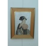 A Japanese woodcut depicting a woman with fan, late 19th / early 20th Century, framed under glass,