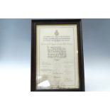 A Cumberland Volunteer Regiment presentation document, circa 1920, framed under glass, 53 cm x 36