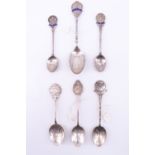 Four enamelled silver and two white metal souvenir teaspoons, relating to tennis and badminton